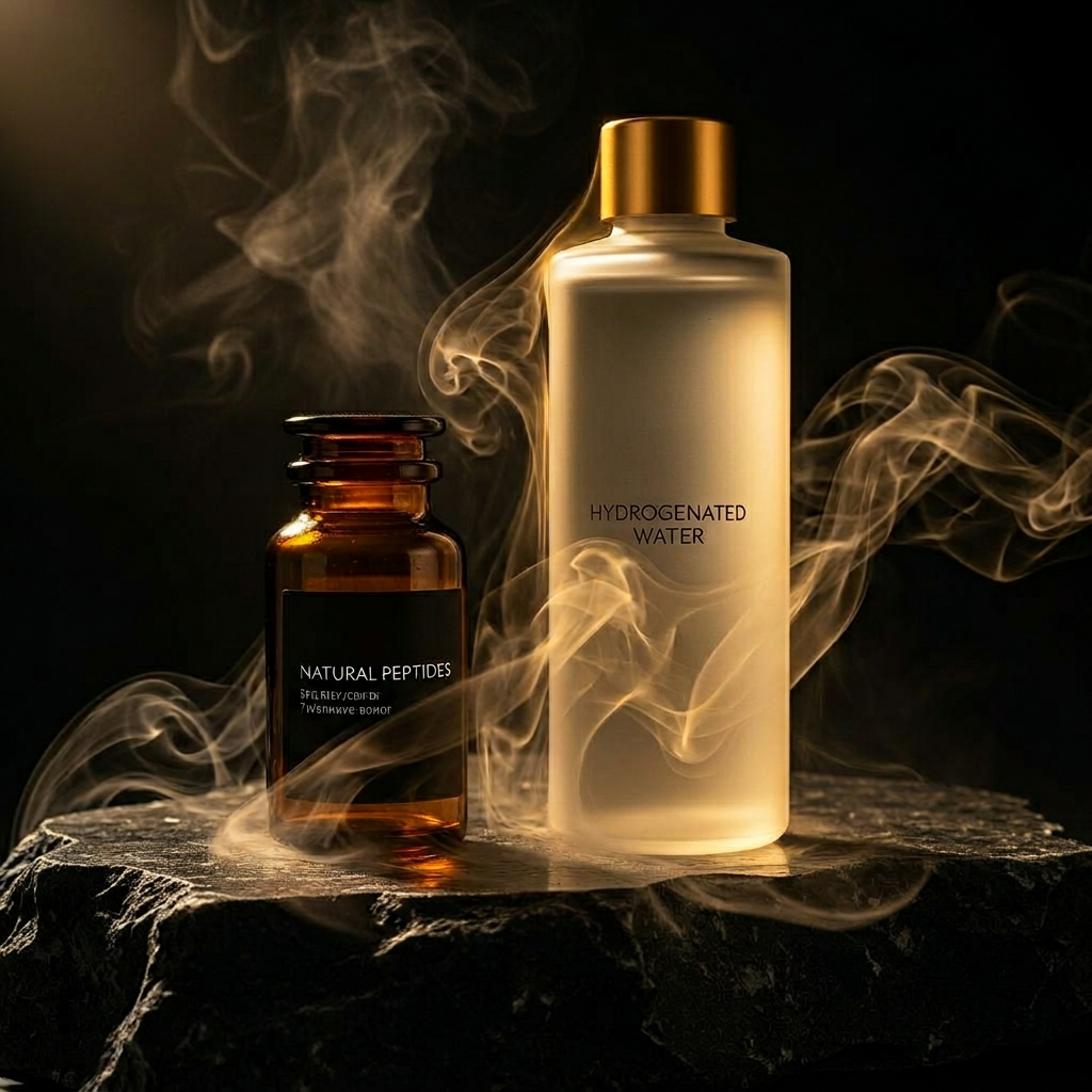 Amber vial of natural peptides beside a frosted bottle of hydrogenated water on obsidian stone