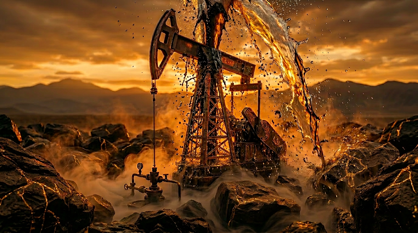 Realistic steel pump jack oil well on gold-veined obsidian with atmospheric smoke