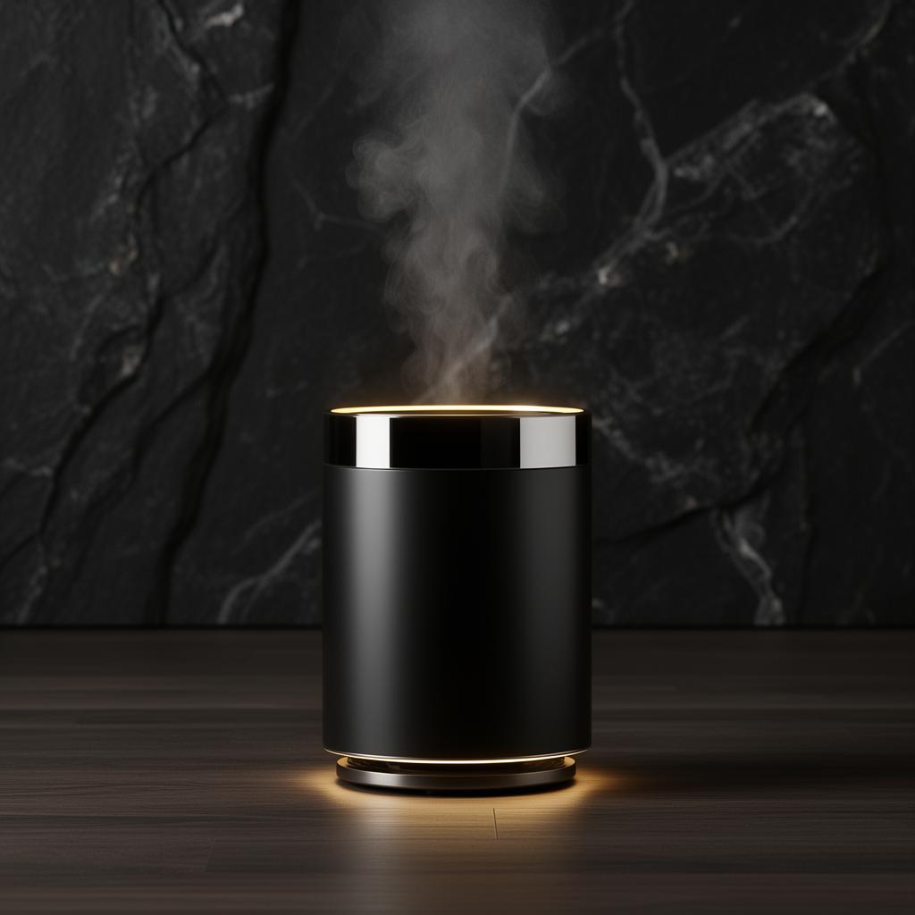 Sleek matte black air purifier in a luxury minimalist room with warm gold lighting
