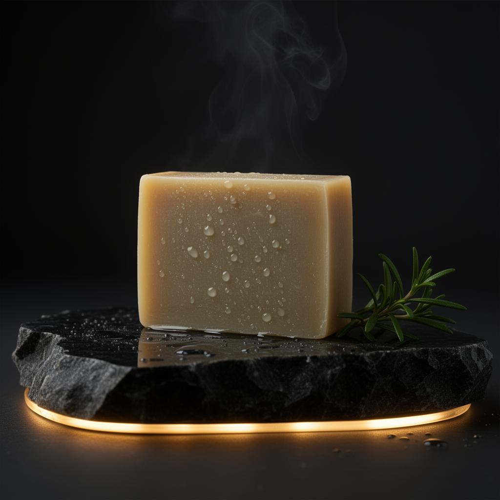 Enagic natural soap bar on dark obsidian stone with rosemary sprig