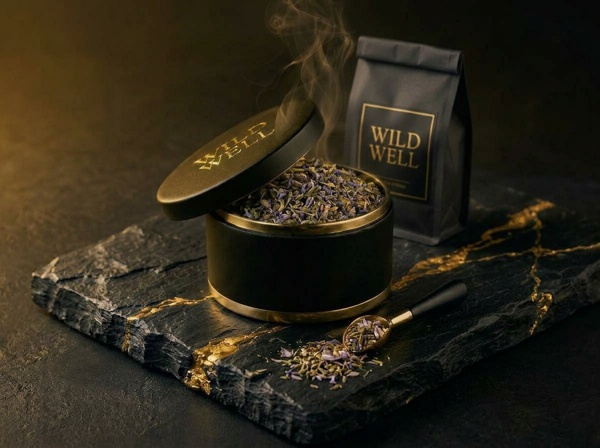 Wild Well Tea Blend - lavender and herbal blend in matte black canister