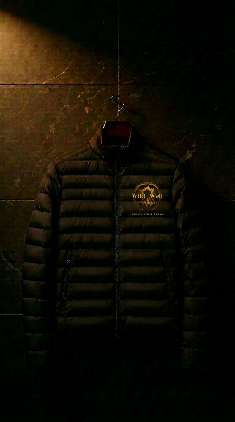Wild Well Puffer jacket front with gold Wild Well Living crest matching hoodie logo, Life On Your Terms beneath