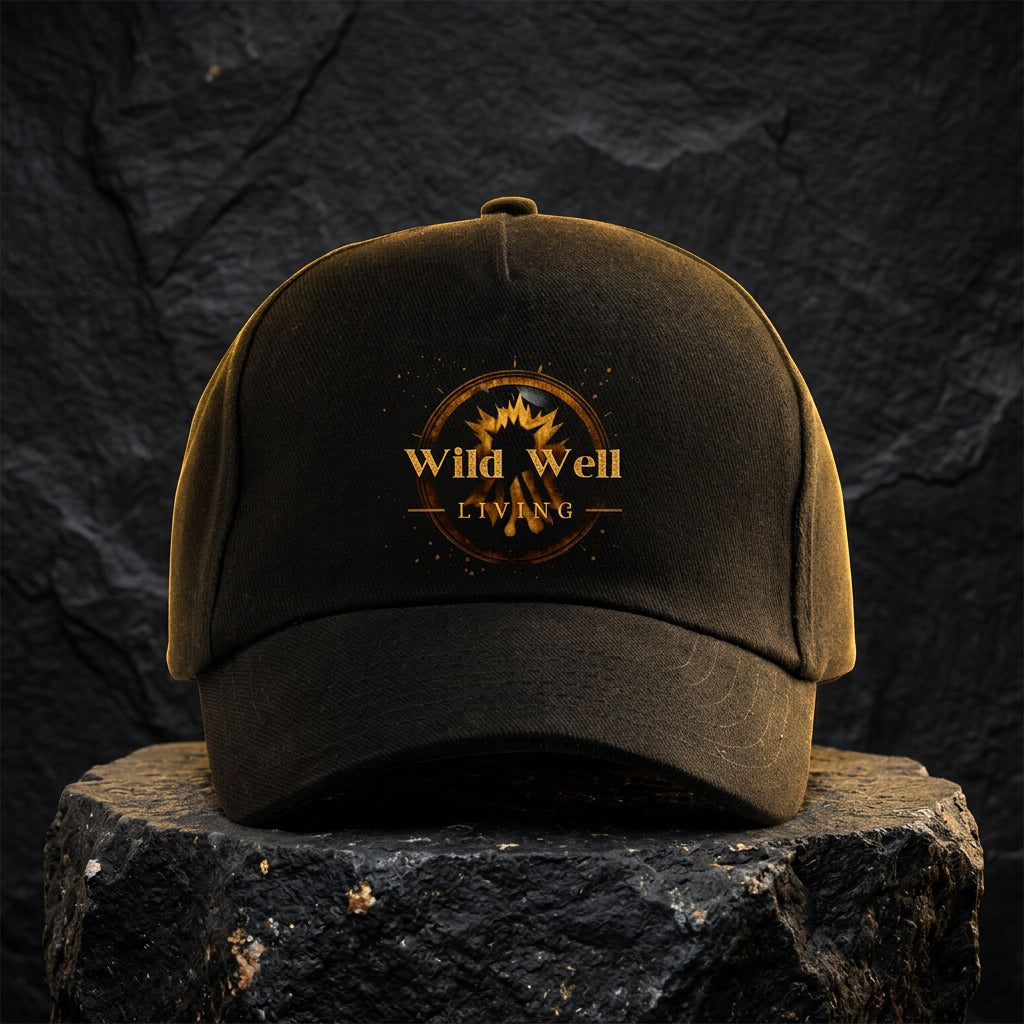 Wild Well Living black cap with gold emblem on dark stone backdrop