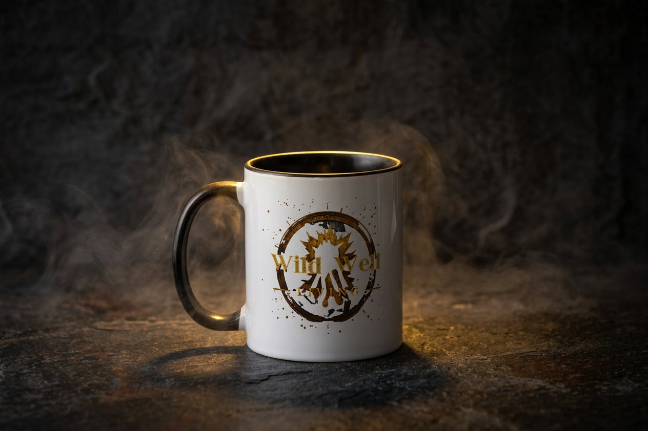 Wild Well Living ceramic mug on dark stone with warm light and atmosphere