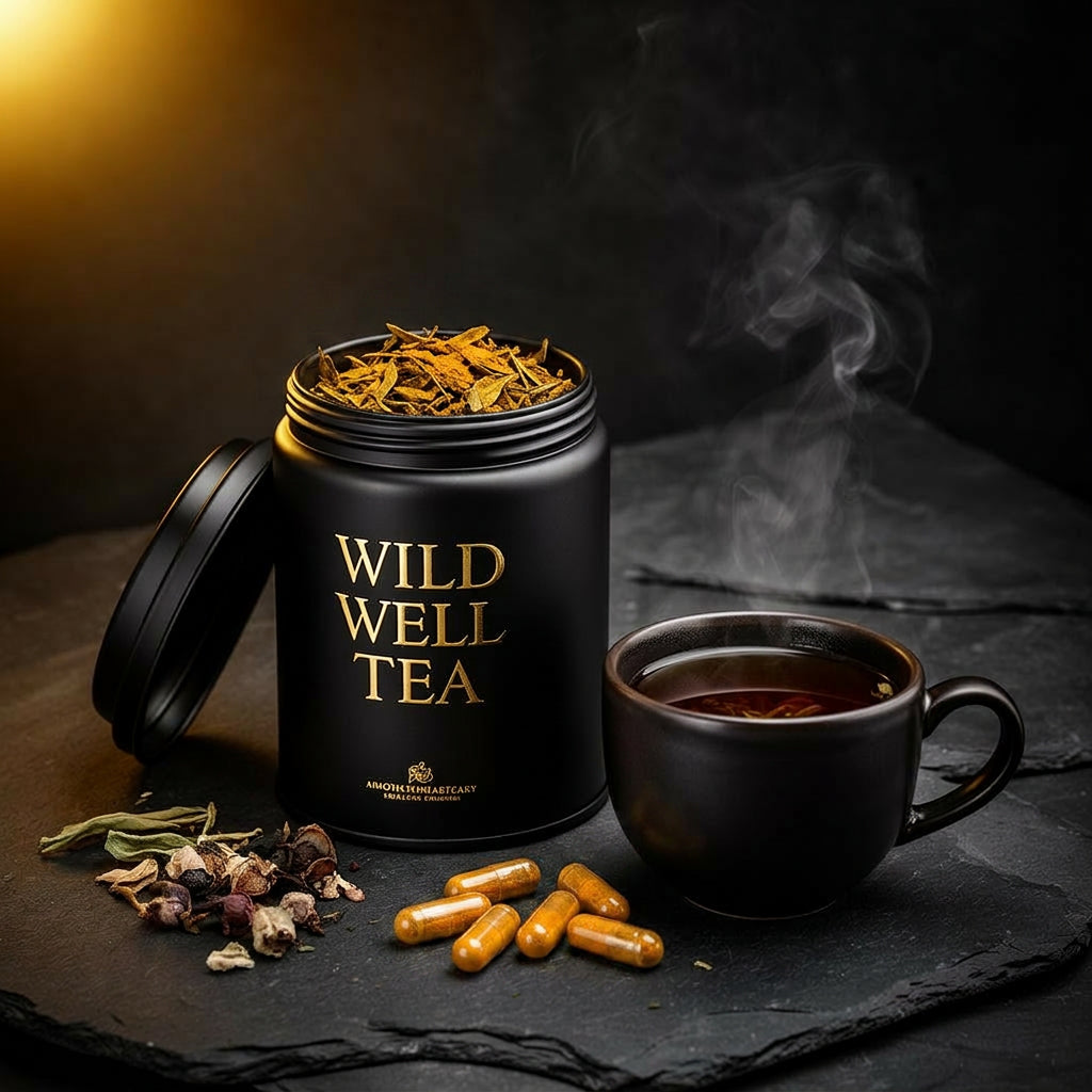 Wild Well Turmeric Tea apothecary tin with golden tea, brewed cup, and turmeric capsules on dark stone