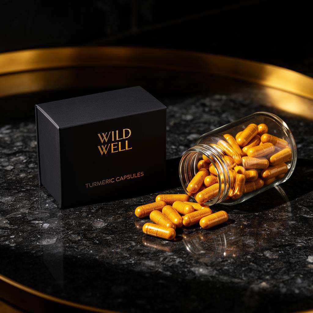Wild Well Turmeric Capsules box with glass bottle and capsules