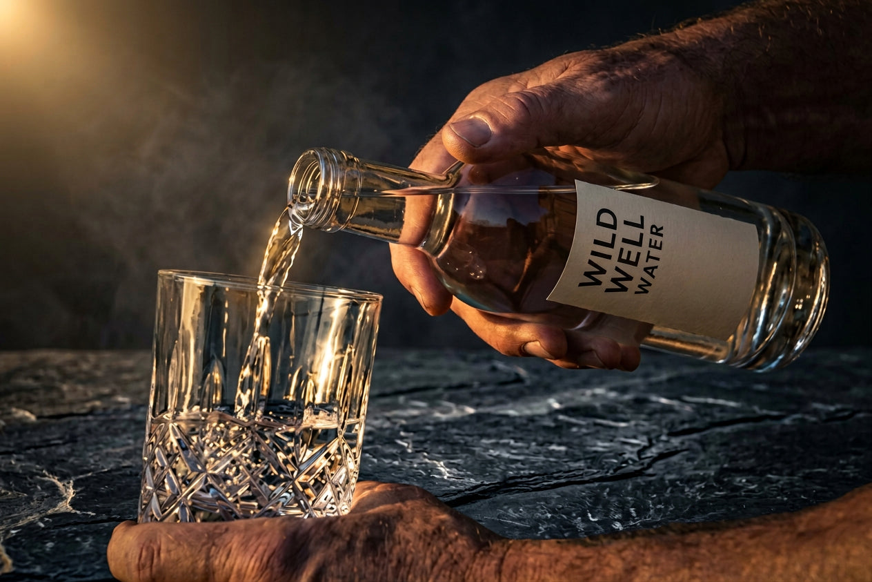 Wild Well Water glass bottle pouring into a crystal tumbler on dark stone